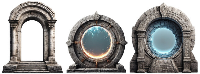 Set of portal isolated on transparent background. Architectural stone arch highlighted on a white...