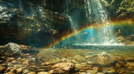 Fototapeta premium Crystal clear water tumbling down a rocky cliff with a shimmering rainbow gracefully arching over it.