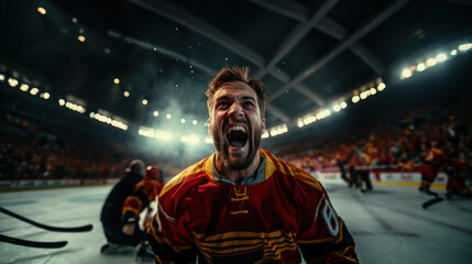 Hockey Player Celebrates Goal in Intense Ice Hockey Game, Expressing Joy and Victory