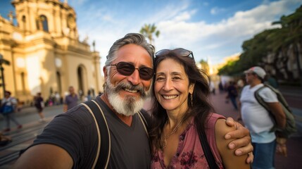 Happy Mexican Couple Taking Selfie in Front of Historic Basilica