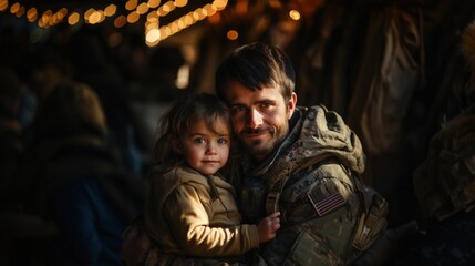 Obraz premium Military Father Hugging Daughter, Celebrating Reunion in Festive Atmosphere