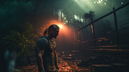Intense Man in Dark Outdoor Setting with Dramatic Lighting