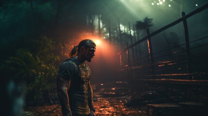 Fototapeta premium Intense Man in Dark Outdoor Setting with Dramatic Lighting