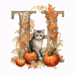 Cute cat with autumn leaves and pumpkins font. Letter H