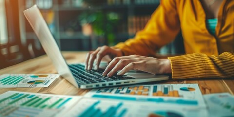 A businesswoman's hands typing on a laptop, overlaid with budgeting spreadsheets, financial charts, and research data