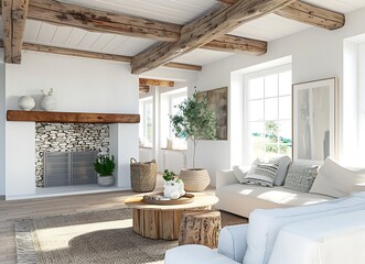 Modern farmhouse living room with white walls