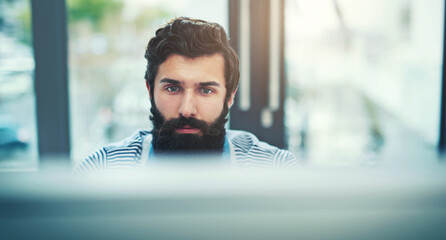 Computer, serious and business man in office for online research, productivity or technical...