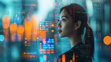 A businesswoman's profile overlaid with bar graphs, pie charts, and research data, representing strategic investing and financial planning