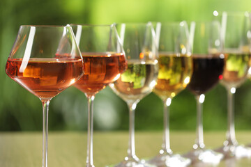 Different tasty wines in glasses against blurred background