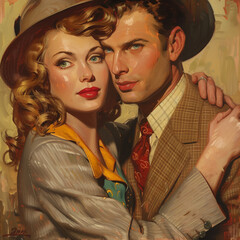A beautiful young woman with long curly blond hair and green eyes wearing an old-fashioned hat, yellow shirt, gray jacket,  is embracing her handsome husband  in the style of vintage pulp art.