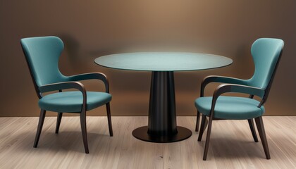 A stylish interior setup featuring two teal upholstered chairs and a sleek black round table, against a warm brown backdrop and wooden floor.