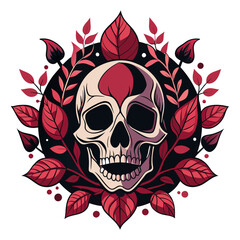 Vector illustration of a human skull surrounded by a mix of dark and pale roses with leaves, emphasizing a gothic aesthetic