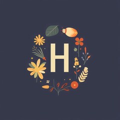 H letter floral logo. Hand drawn lettering with flowers and leaves.