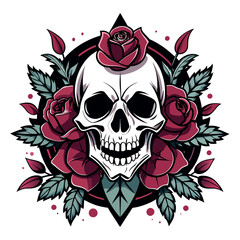 Vector illustration of a human skull surrounded by a mix of dark and pale roses with leaves, emphasizing a gothic aesthetic