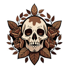 Vector illustration of a human skull surrounded by a mix of dark and pale roses with leaves, emphasizing a gothic aesthetic