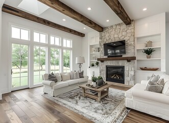 Modern farmhouse living room with white walls