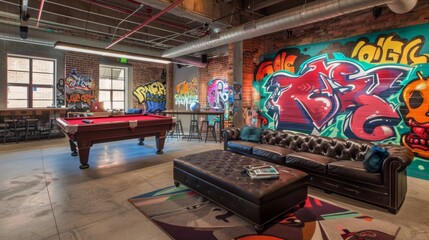 A modern urban lounge featuring colorful graffiti art, a pool table, a leather couch, and a large...