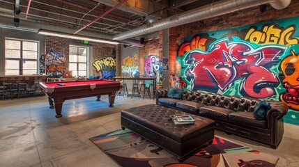 Naklejka premium A modern urban lounge featuring colorful graffiti art, a pool table, a leather couch, and a large ottoman, illuminated by natural light from windows during the day.