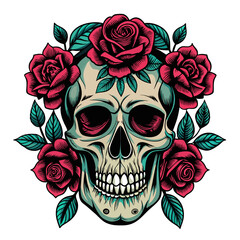 Vector illustration of a human skull surrounded by a mix of dark and pale roses with leaves, emphasizing a gothic aesthetic