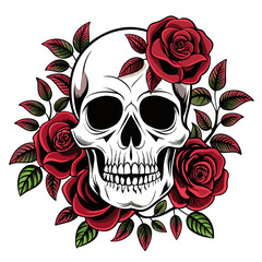 Vector illustration of a human skull surrounded by a mix of dark and pale roses with leaves, emphasizing a gothic aesthetic