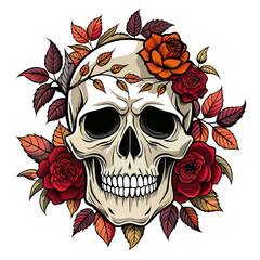 Vector illustration of a human skull surrounded by a mix of dark and pale roses with leaves, emphasizing a gothic aesthetic