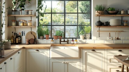 A modern kitchen with open shelving, butcher block countertops, and a farmhouse sink
