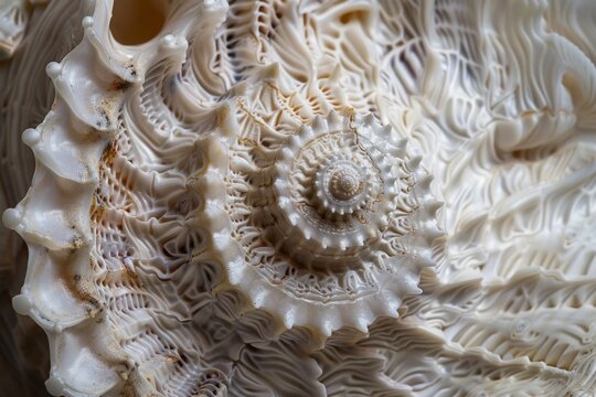 Close up of a white shell with a spiral design/ Sealife background 