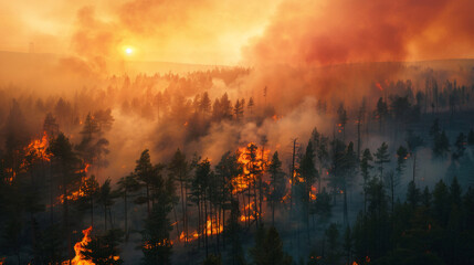Forest fire with towering flames and thick smoke billowing under a fiery sunset.