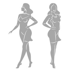 Collection. Silhouette of a woman in style. The girl is slim and beautiful. Lady suitable for decor, posters, stickers, logo. Vector illustration set