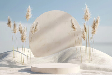 3D render of an abstract background with a round podium in a beige color on a light blue background with pampas grass and desert sand dunes.