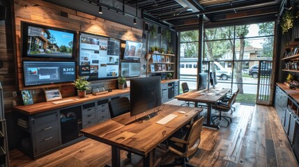 Architect's business office featuring large monitors, design software, and a collaborative work area