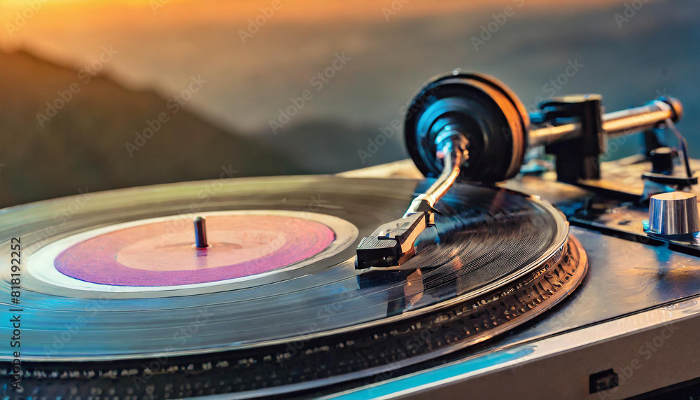 Wall mural closeup on vinyl record on record player with tonearm