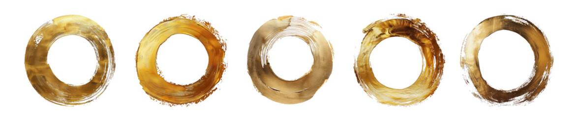 Gold foil hand drawn brushstrokes circles of paint isolated on transparent background cutout png