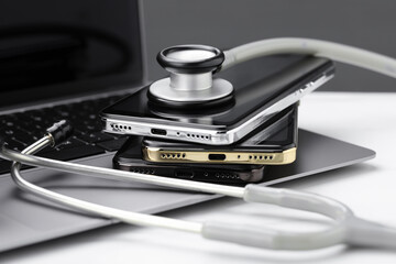 Stack of electronic devices and stethoscope on white table