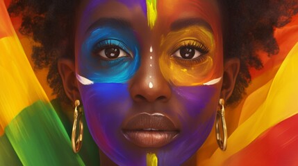Obraz premium Empowered Black Woman with Venus Symbol Face Painting in LGBT Flag Colors
