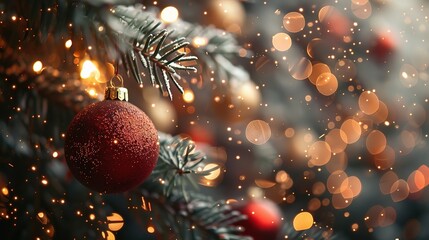 A festively lit Christmas tree with shiny red balls and colorful lights stands in the winter snow