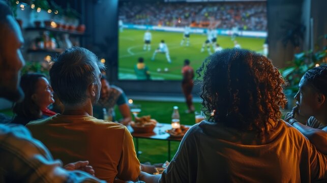 A group of friends watching a football match at home with snacks and drinks
