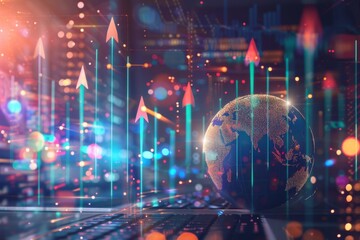 Fototapeta premium Digital illustration of global stock market growth, arrows pointing upwards with globe and laptop in the background, representing business success Generative AI