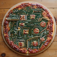 Creative digital art of a unique pizza styled as a circuit board. Fun and quirky concept. Ideal for technology-themed designs, tech blogs, or creative commercial use. Generative AI