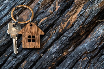 Wooden house keychain and key on rustic bark background. Cozy and rustic home concept seen through this image. Ideal for real estate, home decor, and nature-themed projects. Generative AI