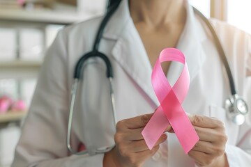 Doctor holding a pink ribbon symbolizing breast cancer awareness. The image shows a health professional with a caring and supportive approach. Ideal for healthcare campaigns. Generative AI
