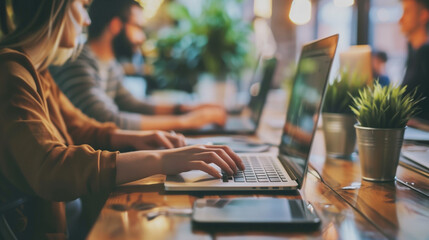 Close up of digital marketing employee using computers at working space
