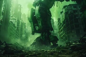 Giant robot in a dystopian cityscape. Green hues dominate. Futuristic, post-apocalyptic style imagery. The ruins amplify the atmosphere. Perfect for sci-fi projects and concepts. Generative AI