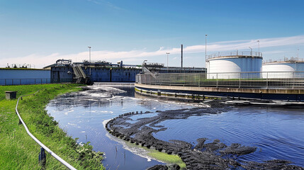 Obraz premium A sprawling water treatment plant filled with numerous tanks, actively cleaning and processing water for industrial and ecological purposes