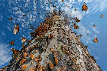 Vibrant Monarch Butterflies Fluttering Around a Trunk. Nature Comes Alive in this Stunning Scene. Peaceful and Majestic View. Generative AI