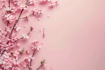 Fototapeta premium Elegant pink cherry blossoms spread over subtle backdrop. Perfect for spring designs. Floral softness captured. Serene nature scene. Generative AI