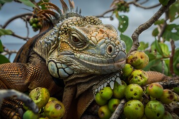 Detailed Close-Up of a Majestic Iguana Amongst Green Fruits. Wildlife Photography with Vivid Textures. Nature in Focus Captured in High Resolution. Ideal for Educational Use. Generative AI