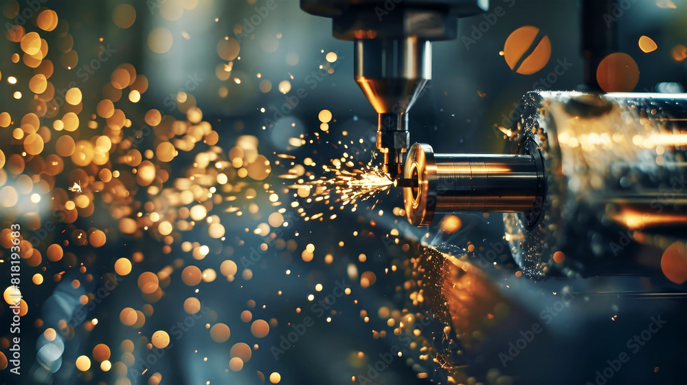 Poster a cnc milling machine in a factory precision cuts a metal product, creating a dazzling display of sp