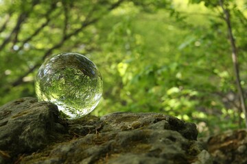 Beautiful green trees outdoors, overturned reflection. Crystal ball on stone in forest. Space for...