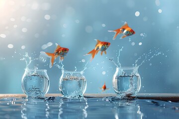 Goldfish jumping between fishbowls. Conceptual art showing freedom and change. This is a bright and clear image. Perfect for business and personal projects. Generative AI